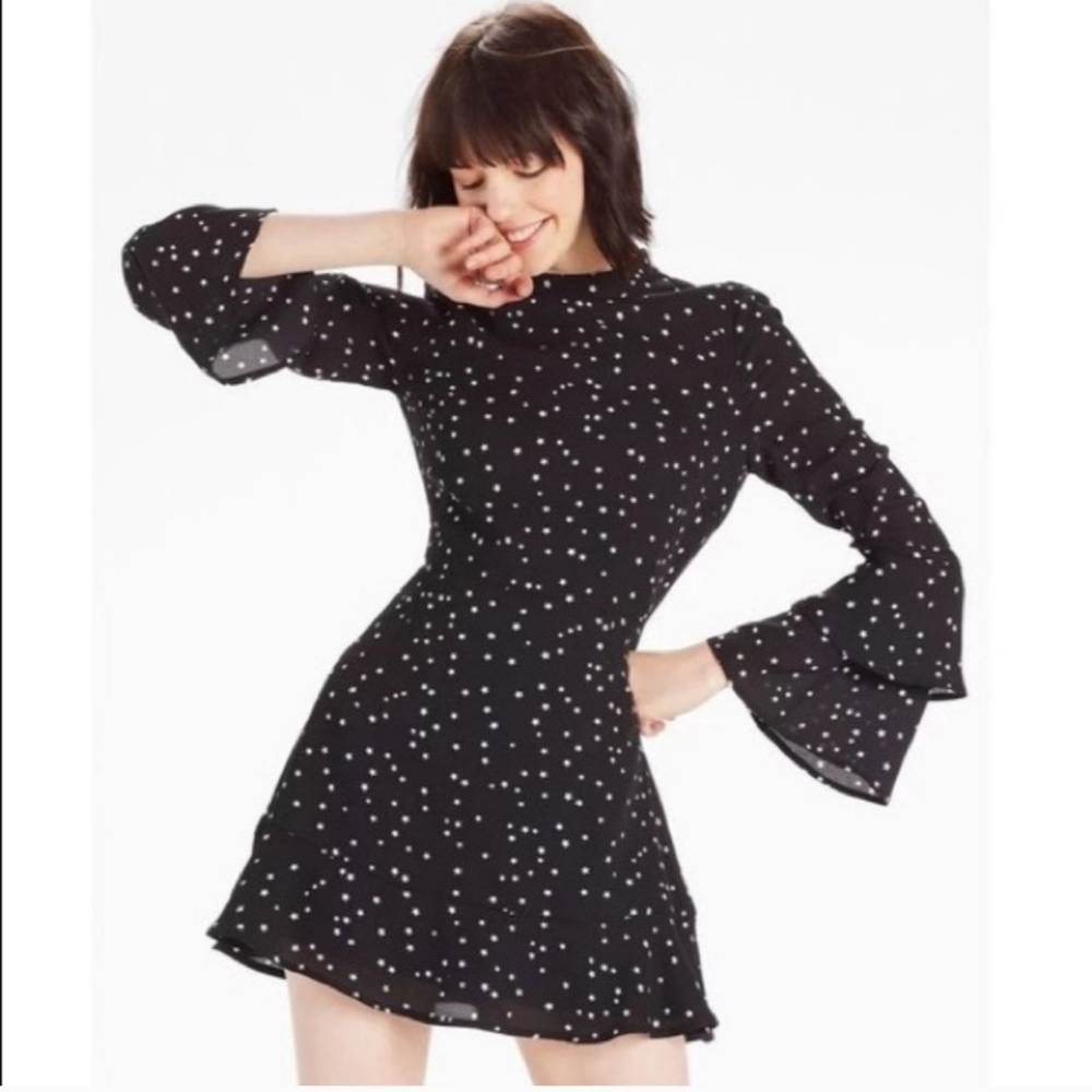 Lucky Brand Star Print Mini Dress M Long Bell Sleeves A Line Black